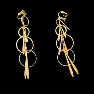 Vintage gold toned clip on Modernist geometric disco dangle earrings 1970s